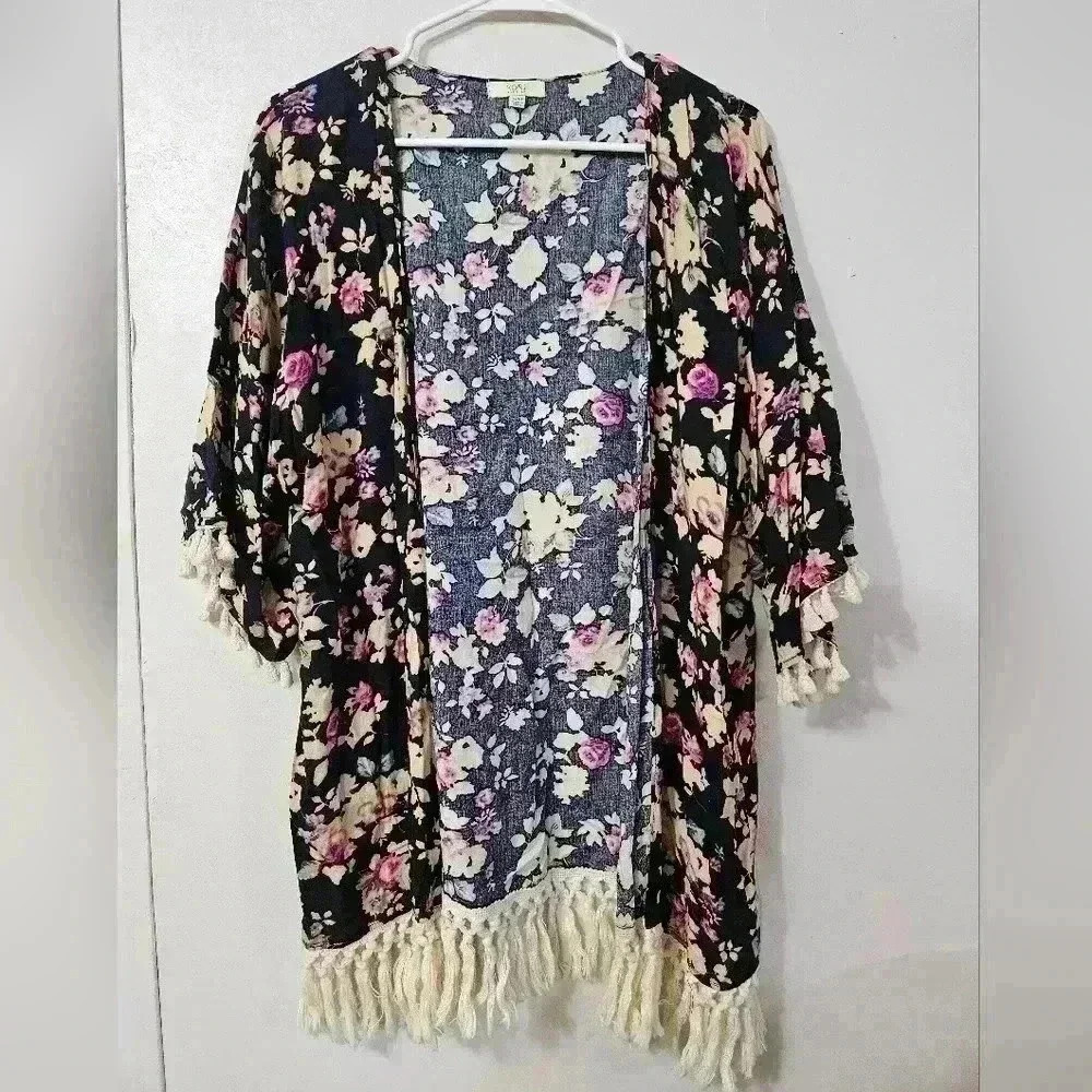 Kori Floral Mid Length Kimono With Hem Fringe!